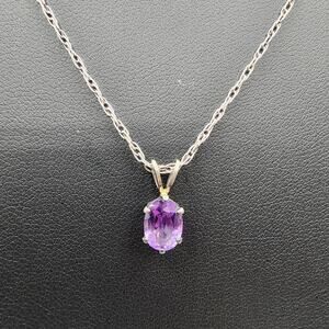 Vintage Sterling Singapore Chain Necklace Amethyst Solitaire Pendant 20 Inch